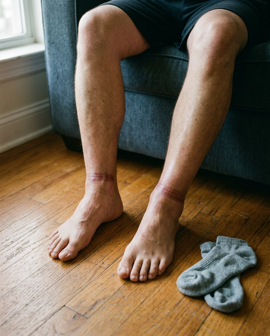 First-person view of swollen ankles with deep sock grooves on the floor after a walk