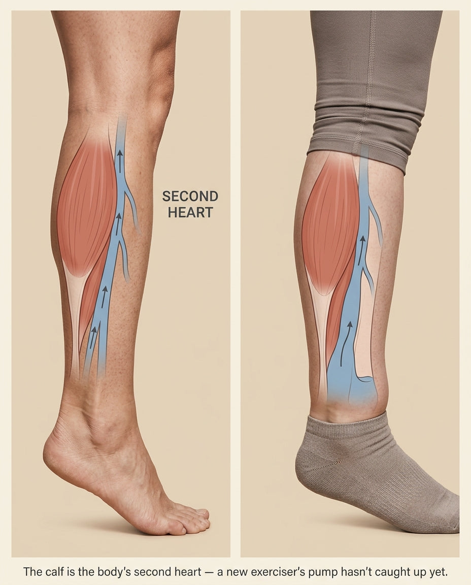 Lay-friendly anatomy diagram showing the calf muscle as a second heart pumping fluid upward