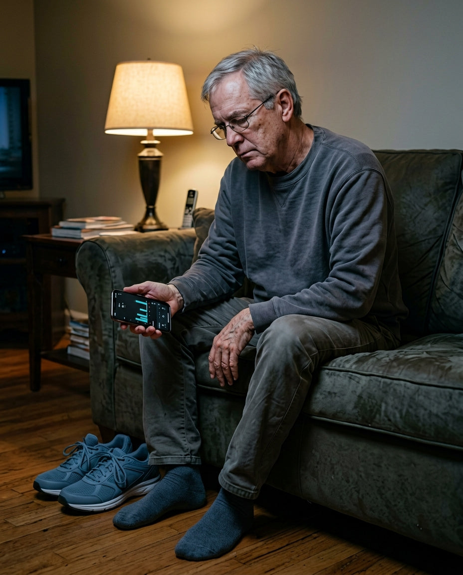 A person sitting alone with walking shoes untouched on the floor and a fitness app showing a broken streak