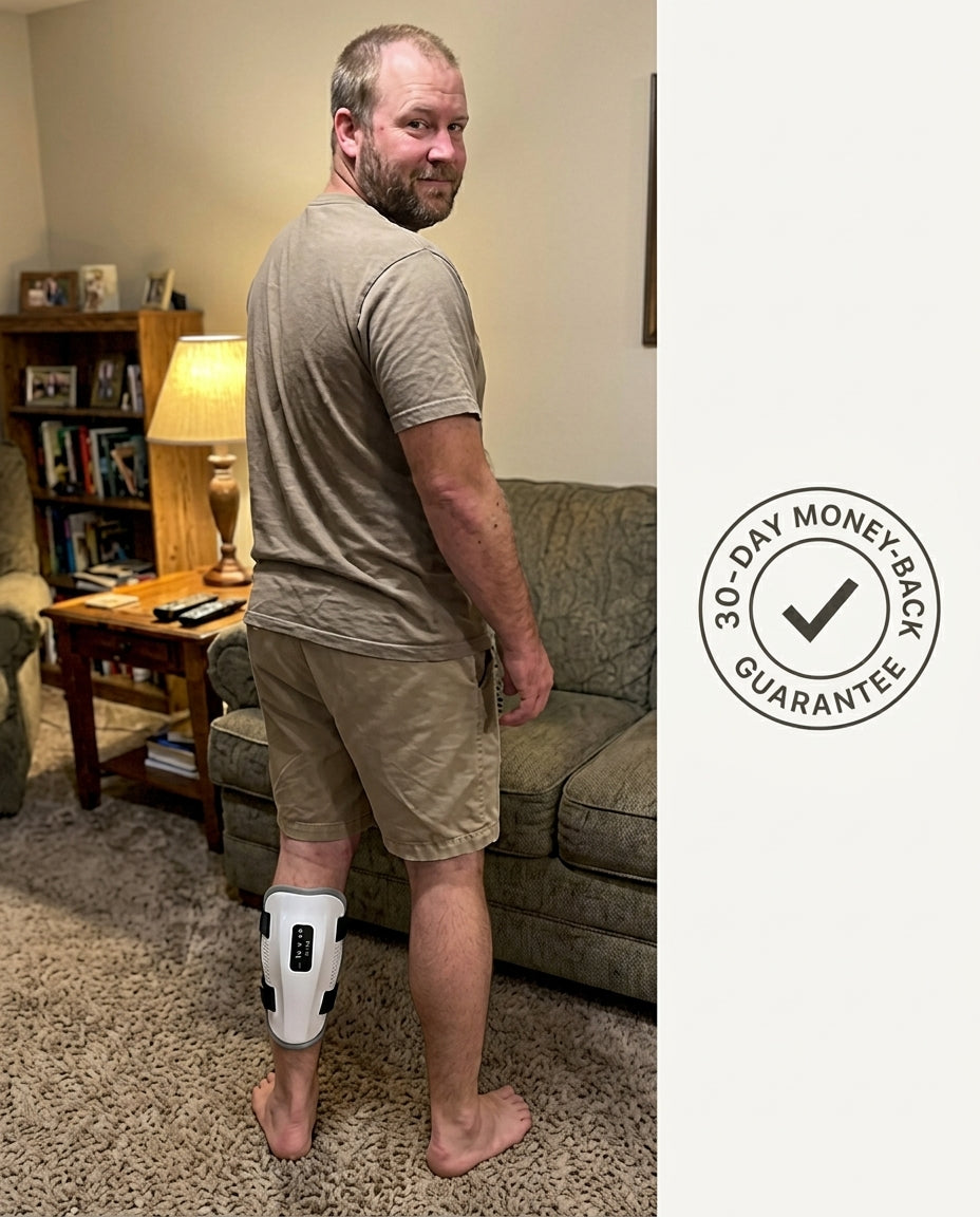 The narrator relaxed on the couch with the sleeve on, beside a 30-day money-back guarantee seal