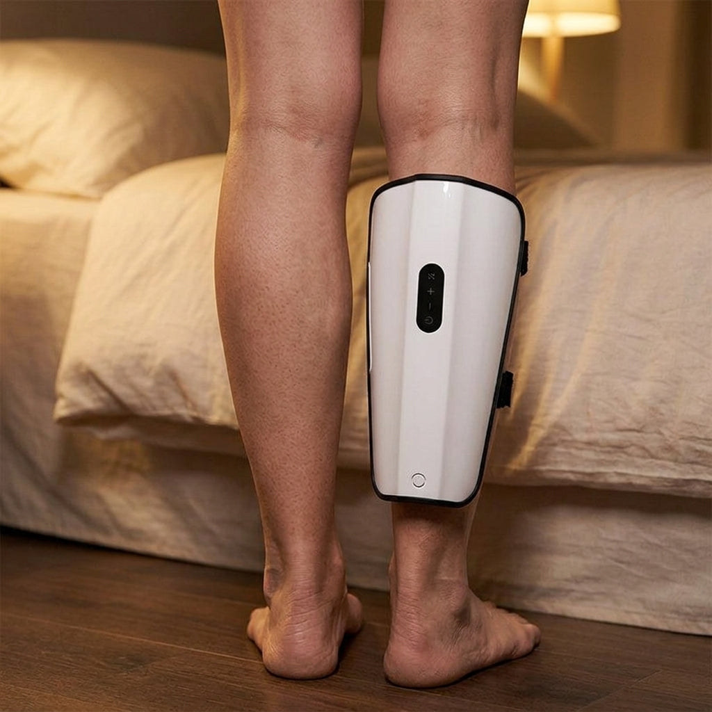 Mature woman reading in bed with SOLEUS calf therapy sleeve