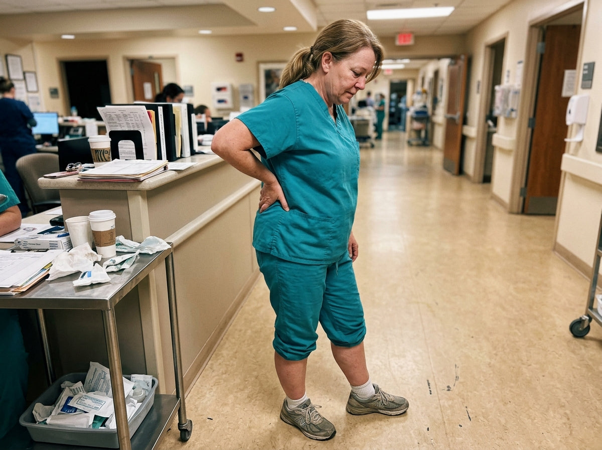 Woman in scrubs standing on hard hospital floor at end of shift, expression of quiet exhaustion, looking down at her feet