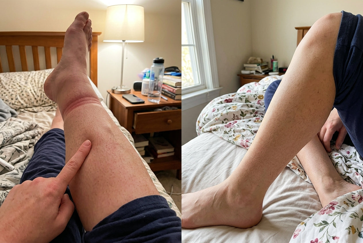Close-up of deep sock-ring compression mark on swollen ankle, thumb pressing in to show pitting; split image with normal slim ankle for comparison