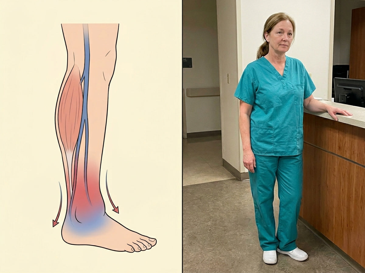 Simple illustrated diagram showing calf muscle as a pump between heart and feet; left panel shows walking activating pump, right panel shows standing still freezing pump under gravity