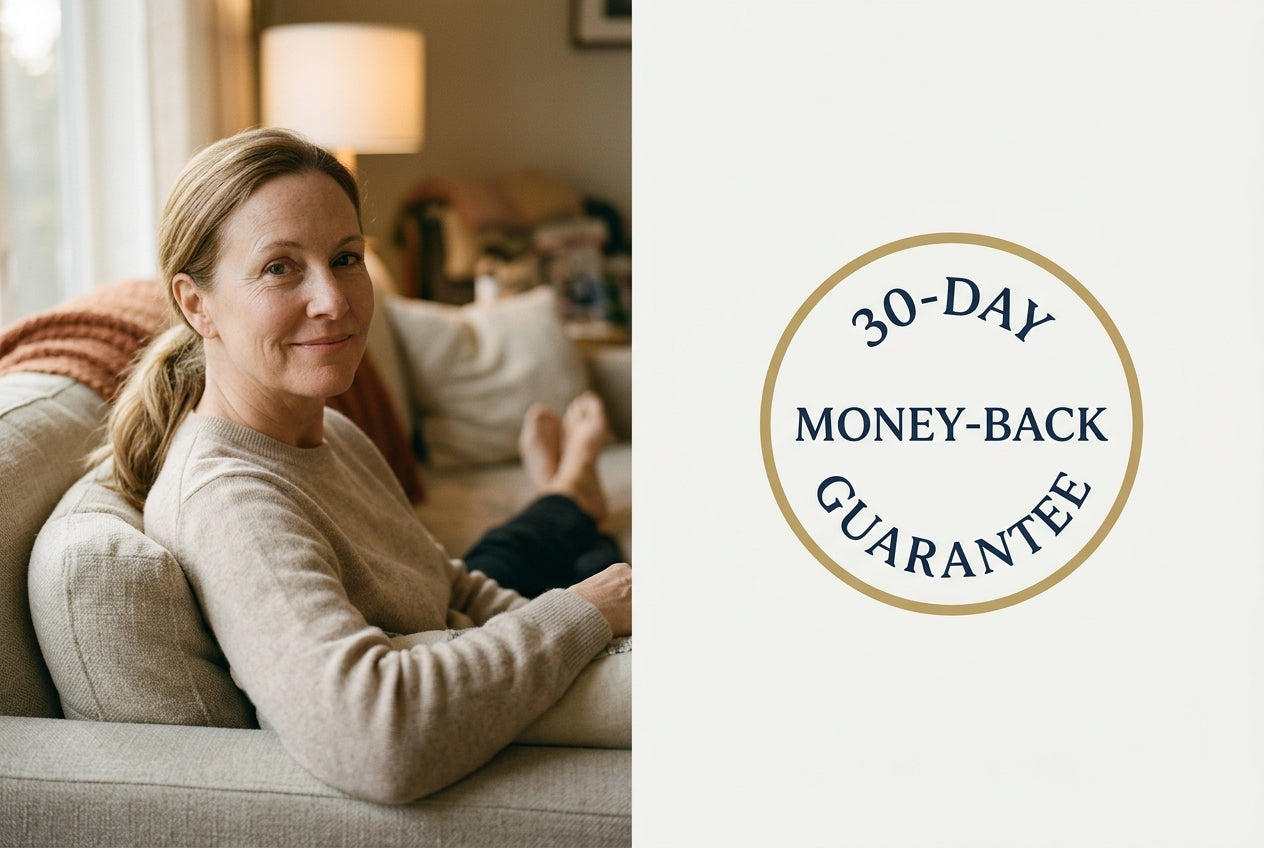 Linda sitting at home, relaxed, smiling; warmth and calm register