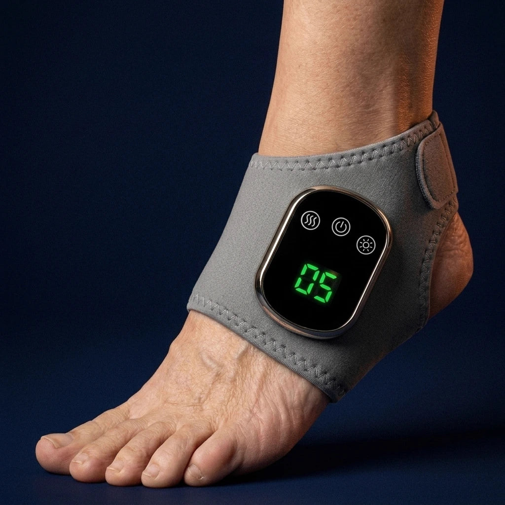 Soleus ankle wrap on foot with green 05 LED reading