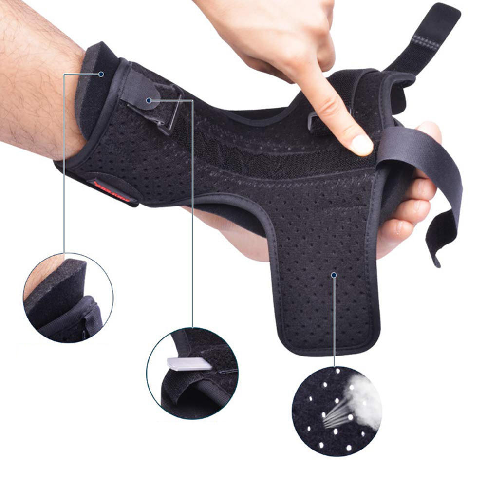 SOLEUS Night Splint — in-hand feature callouts (strap, buckle, padding)