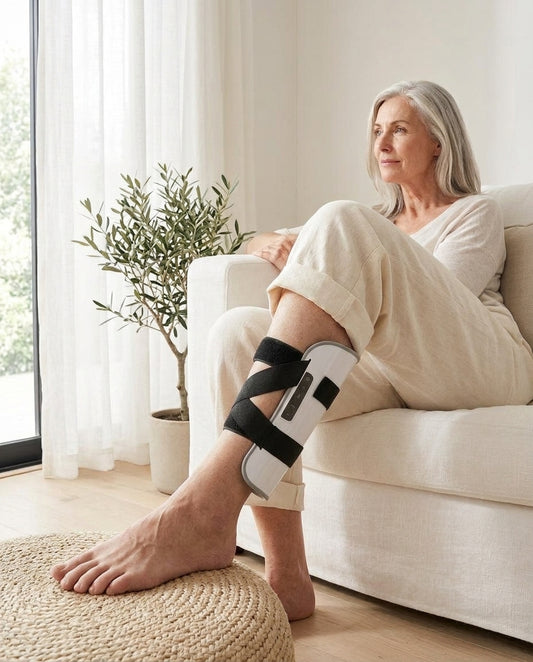 Mature woman relaxing on a sofa wearing the SOLEUS Calf Therapy Sleeve on her calf