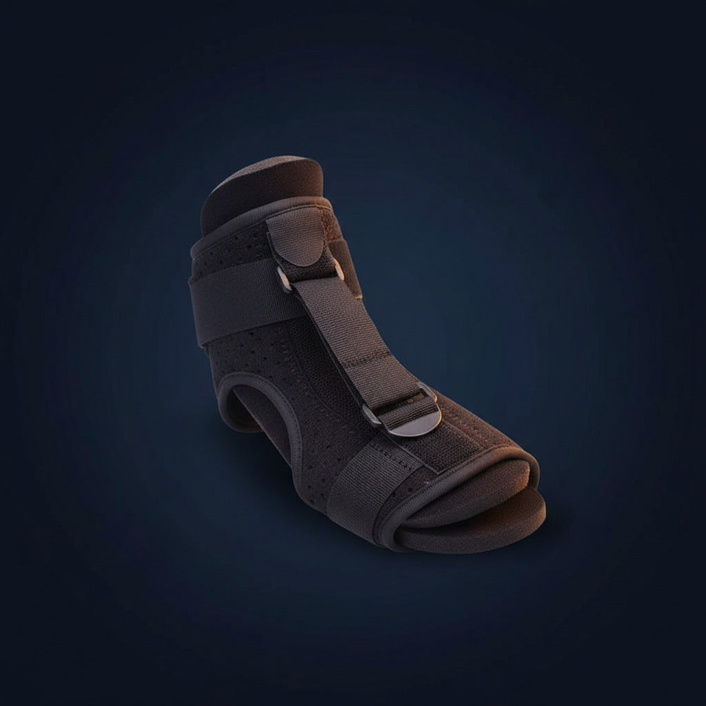 SOLEUS Night Splint — v1 hero studio view (midnight-navy variant)