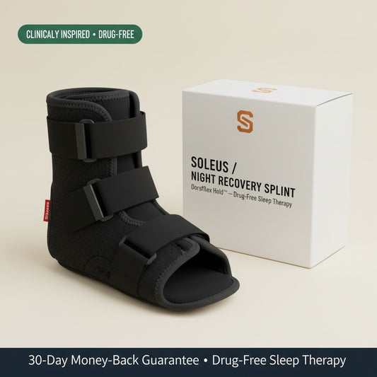 SOLEUS Night Recovery Splint — hero with branded box on cream backdrop
