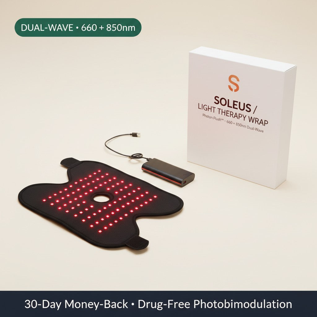 SOLEUS Light Therapy Wrap — hero with branded box on cream backdrop