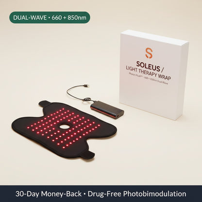 SOLEUS Light Therapy Wrap — hero with branded box on cream backdrop