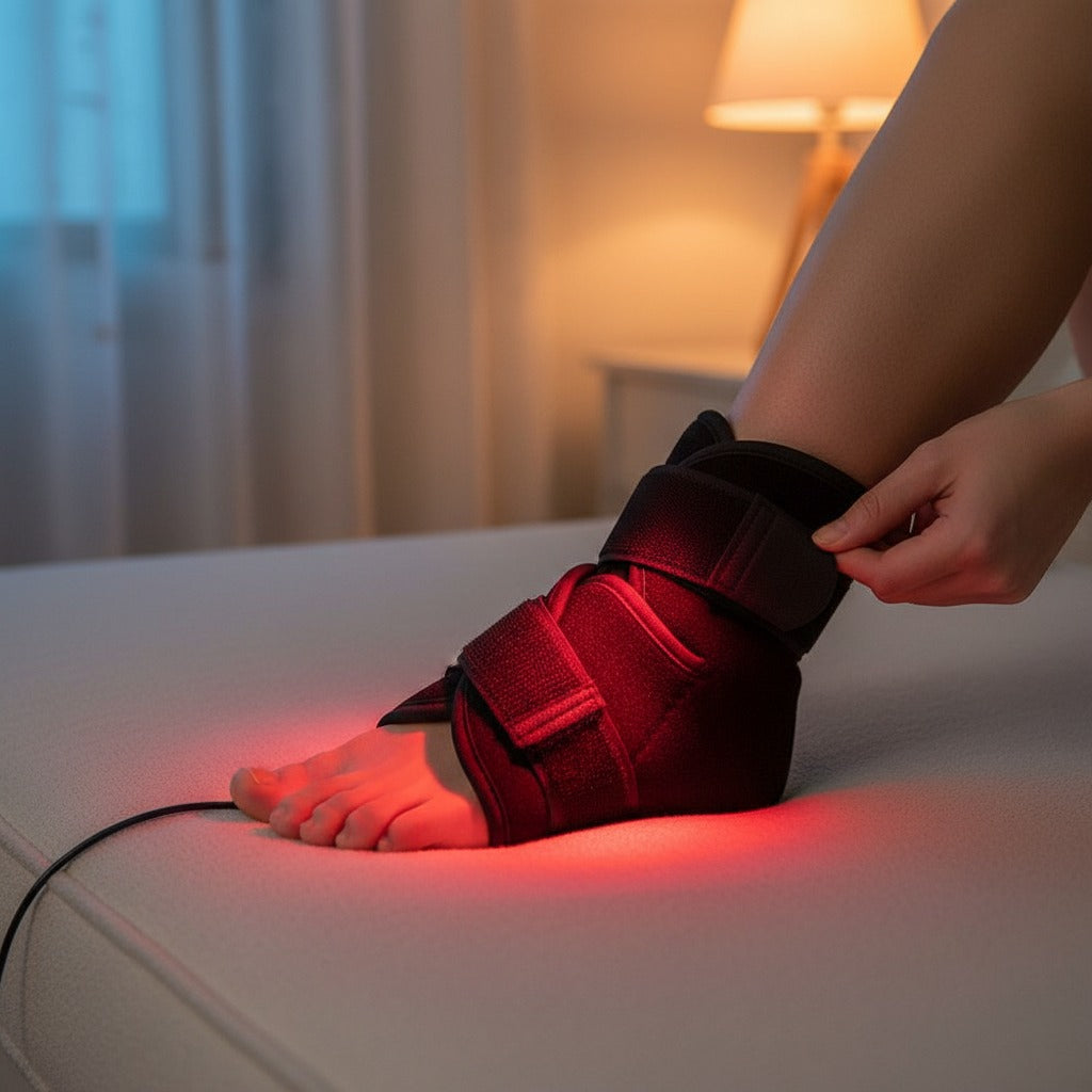 SOLEUS Light Therapy Wrap — v1 bedside lifestyle (midnight-navy variant)