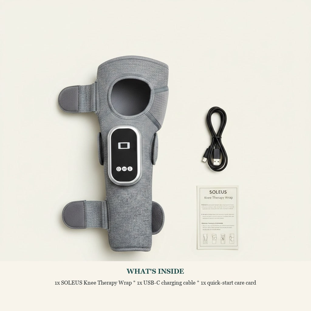 SOLEUS Knee Therapy Wrap - whats inside flat lay no box USB-C cable care card
