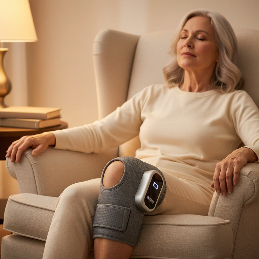 SOLEUS Knee Therapy Wrap - hero lifestyle mature avatar in armchair