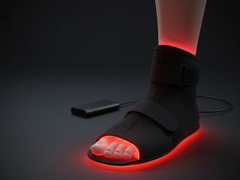 SOLEUS Light Therapy Wrap hero (pro side of the comparison) — wrap-around-foot + ambient red glow