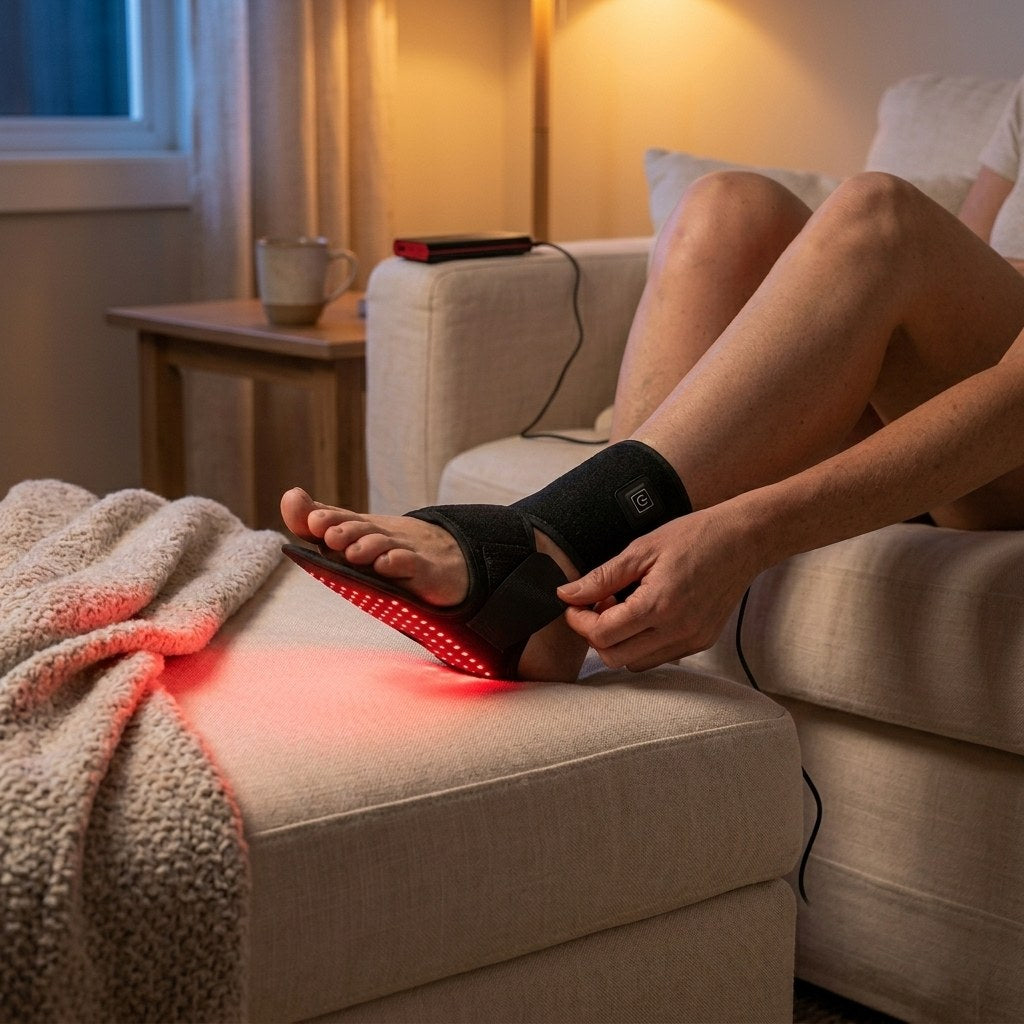 Living room evening scene with SOLEUS Light Therapy Wrap powered on — lifestyle hero