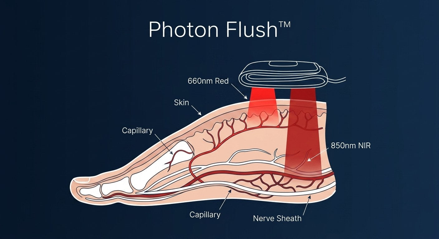Diagram showing Photon Flush 660nm and 850nm wavelengths penetrating foot tissue