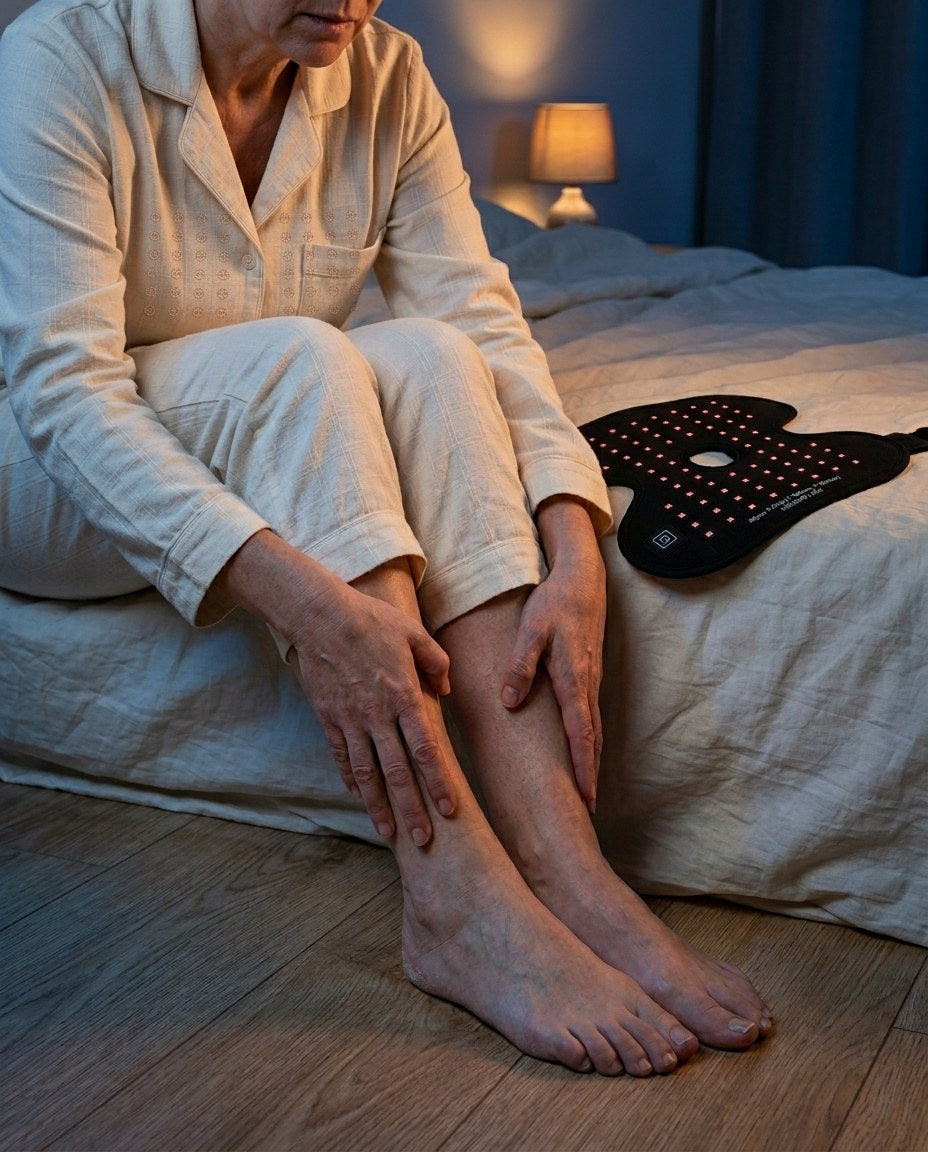 Person at 2 AM with burning neuropathy feet on a wood floor — problem visual