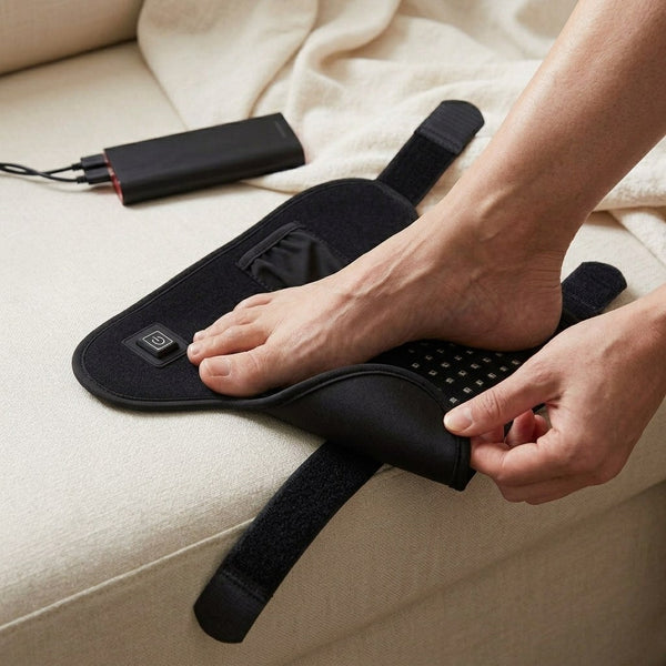 Step 1 — slipping foot into the open SOLEUS Light Therapy Wrap