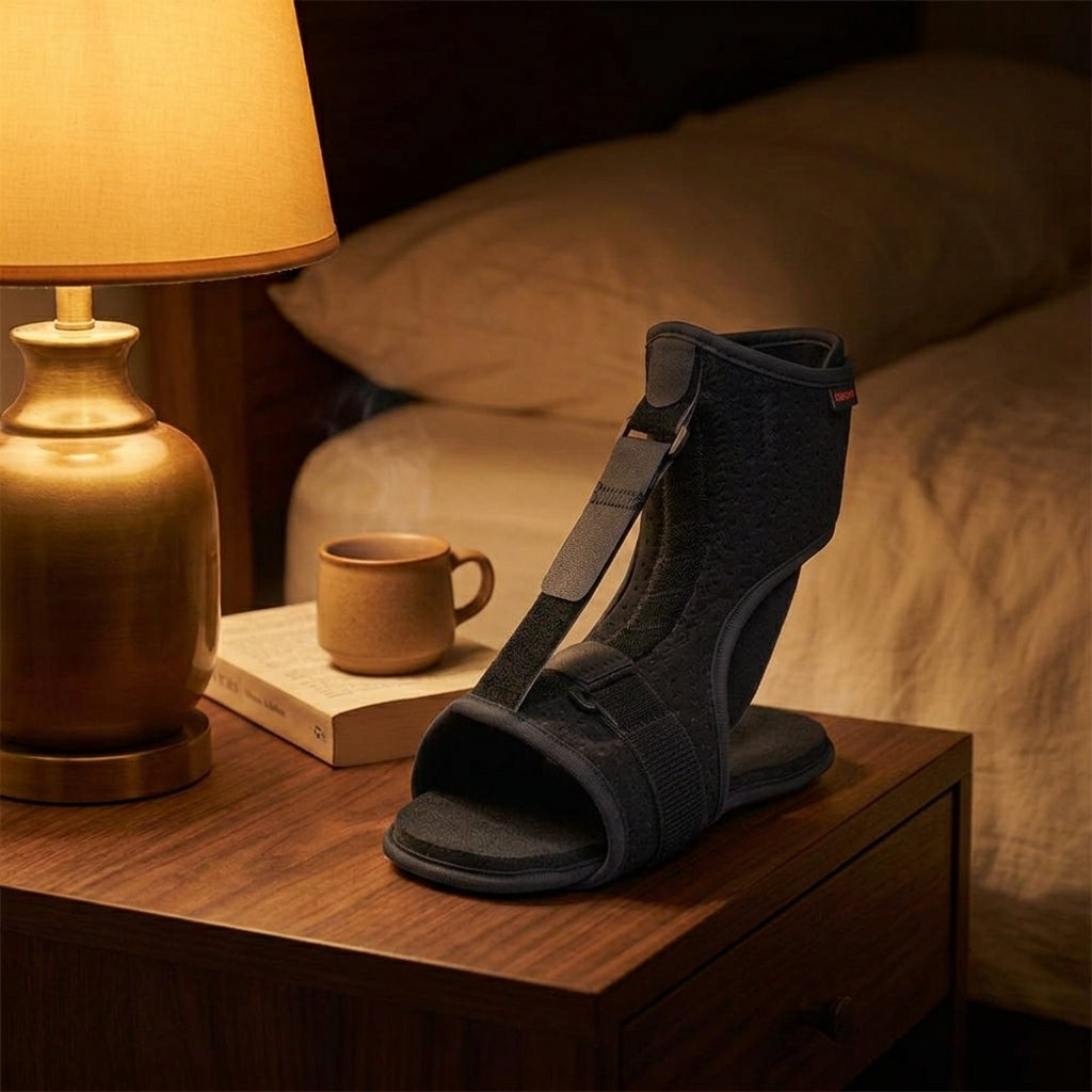 Night splint on nightstand next to bedtime essentials — 30-second daily ritual