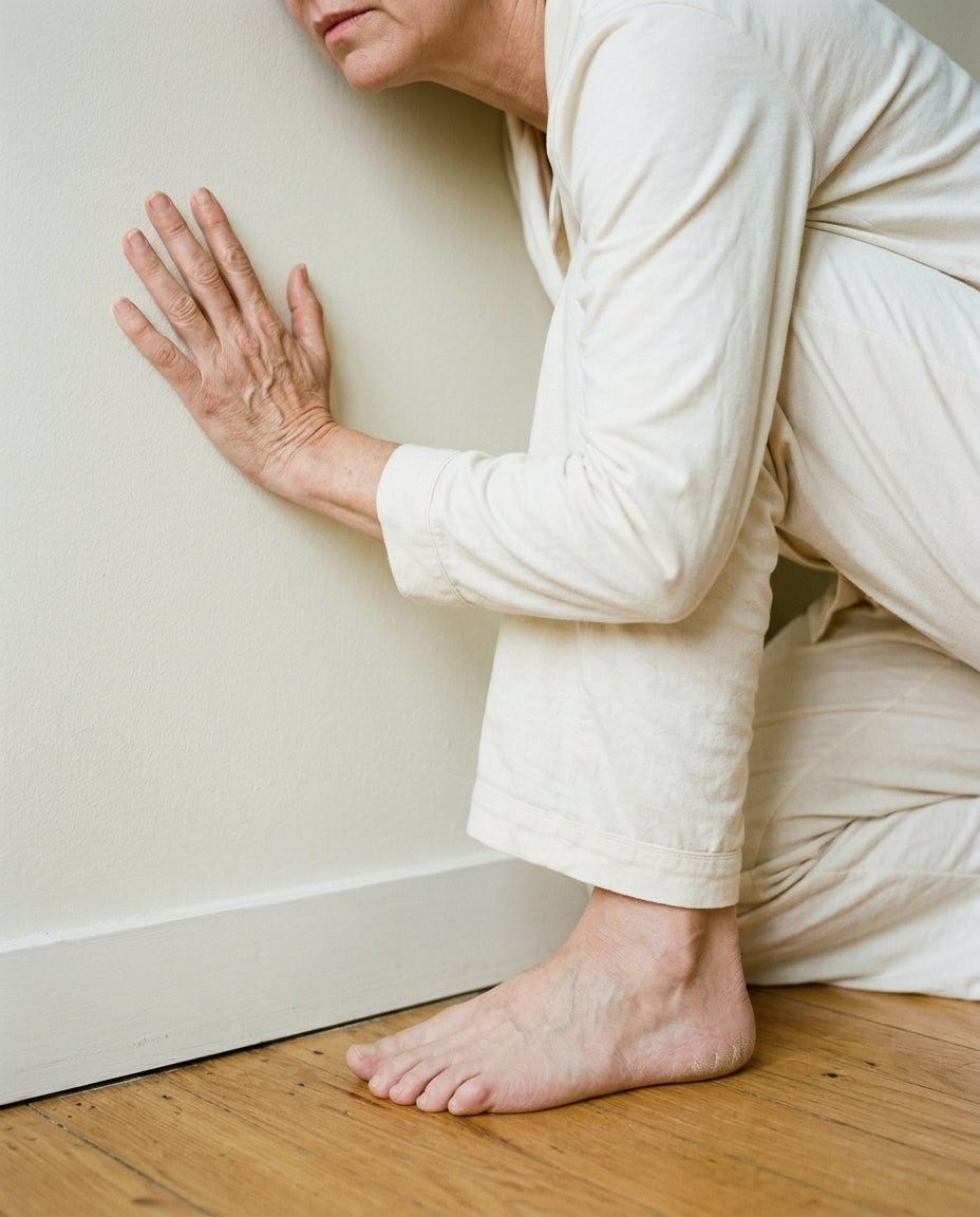 Person grimacing at the first step out of bed from heel pain — problem visual