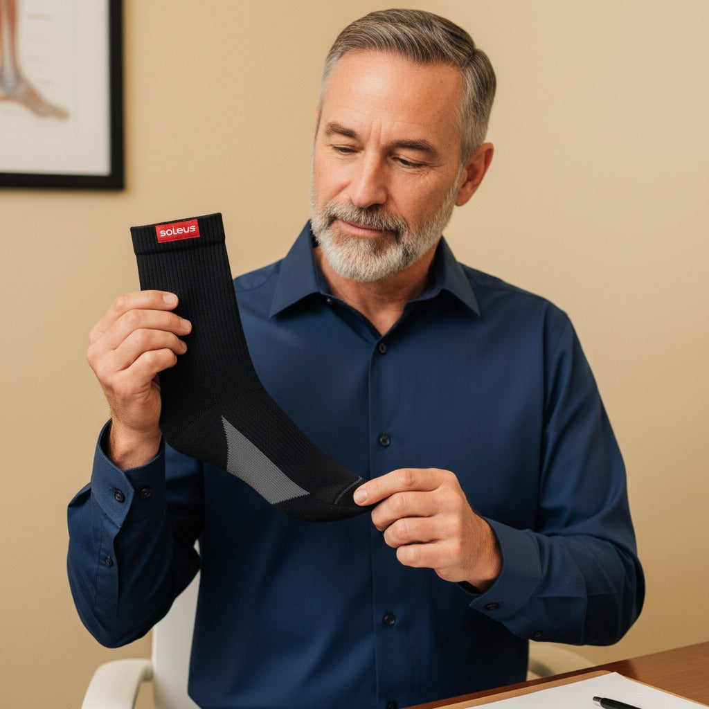 SOLEUS Recovery Socks - clinical podiatrist holds sock, full-foot heel-covered (v3 no-box)