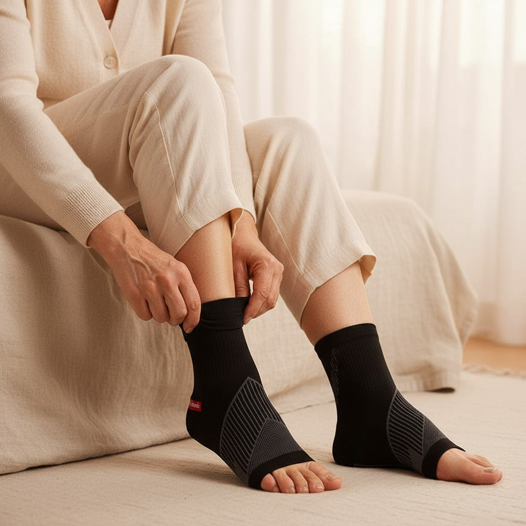 SOLEUS Recovery Socks - morning ritual putting on, full-foot heel-covered (v3 no-box)