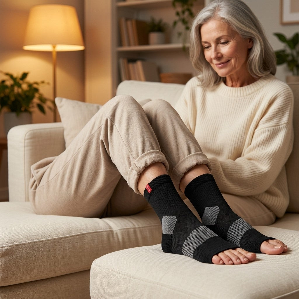 SOLEUS Foot Therapy Recovery Socks - bedside lifestyle hero, lateral view, full-heel covered (v4 corrected composition)