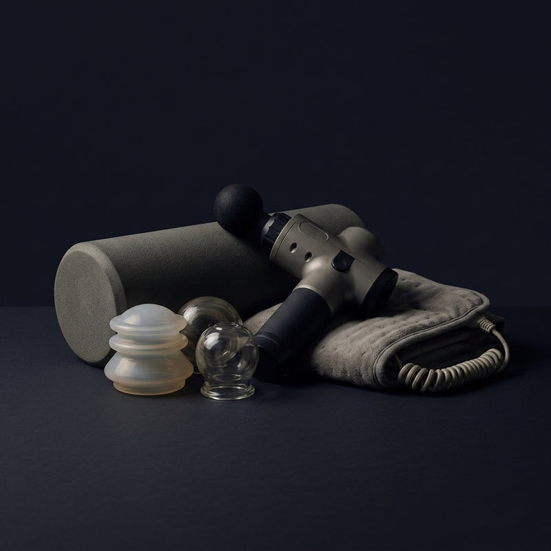 Conventional manual cupping cups, foam roller and massage gun on a dark background