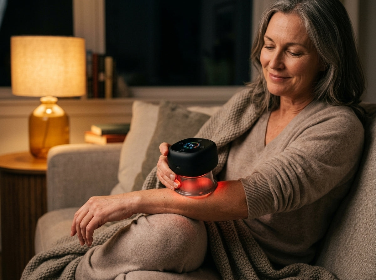 Woman relaxing on a couch using the cupping massager on her forearm in the evening