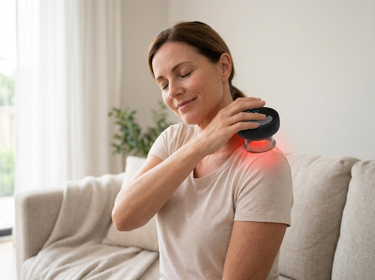 Woman using the Soleus cupping massager with red-light glow on her neck