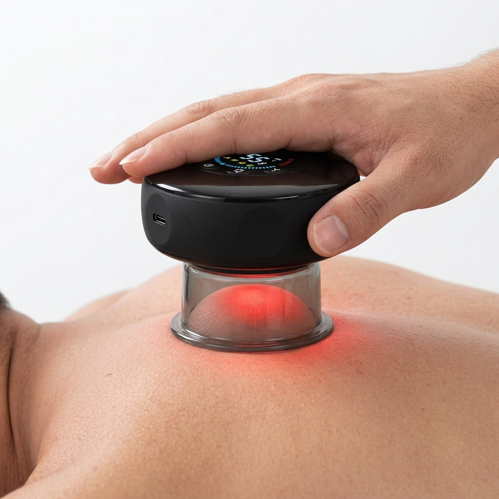 Soleus cupping massager gently lifting and decompressing the skin on the upper back