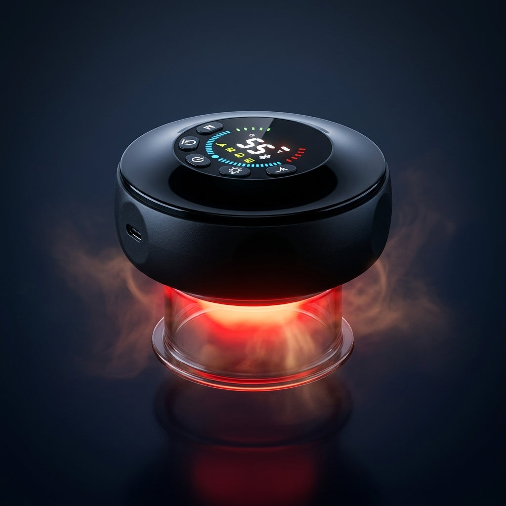 Soleus cupping massager with glowing red light and heat vapor on dark background