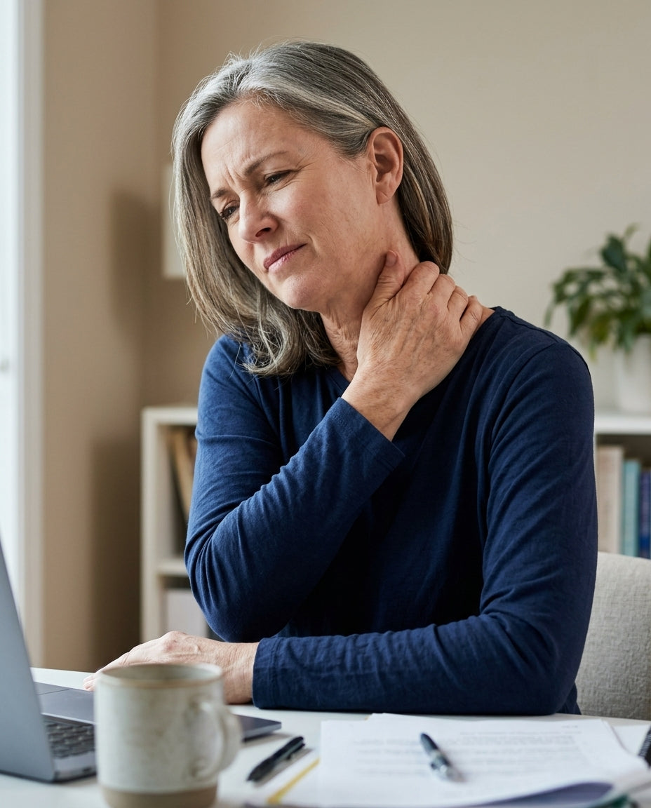 Woman at a desk holding her tense neck and shoulder