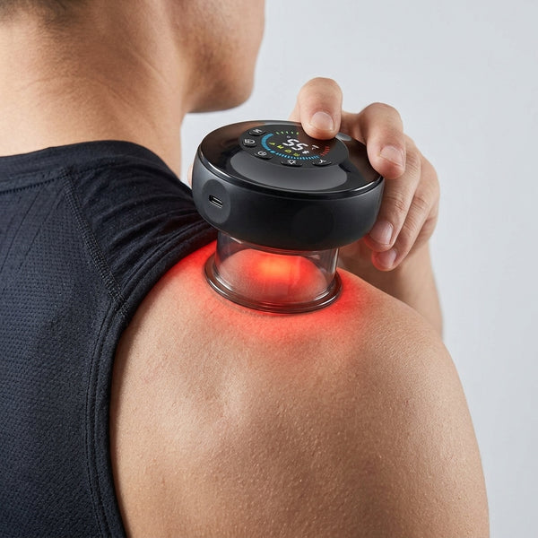 Cupping massager active on the shoulder with red glow and lit display