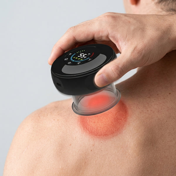 Gliding the cupping massager to a new spot, leaving a warm red flush ring