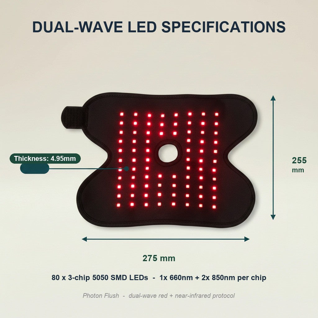 SOLEUS Light Therapy Wrap — dual-wave LED specifications: 80 LEDs, 660nm + 850nm, 255x275x4.95mm