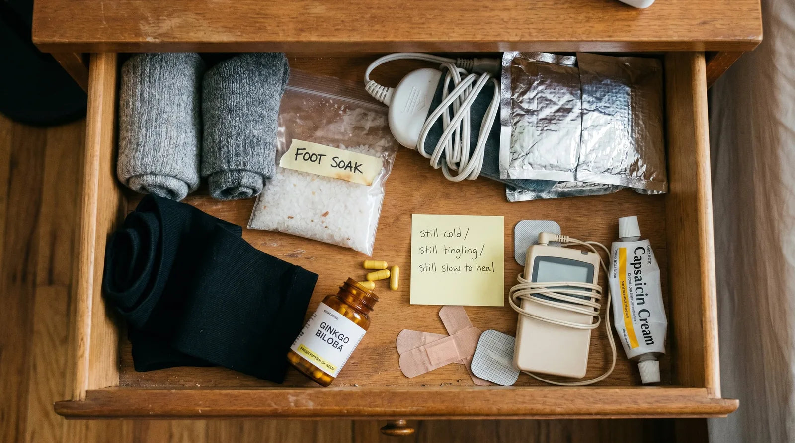 An overhead photo of a typical drawer of single-fix circulation remedies &mdash; wool socks, compression sleeves, foot soak salts, ginkgo, TENS unit, heating pad, capsaicin cream