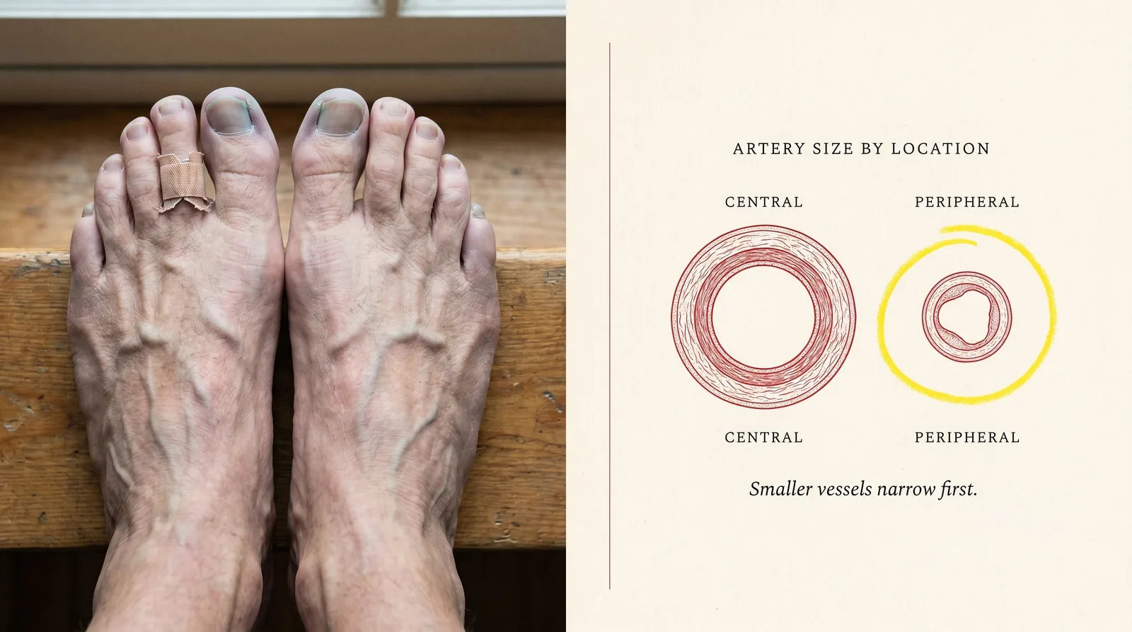 Bare feet showing the four visible signs of peripheral circulation aging beside an anatomical diagram comparing central and peripheral artery size