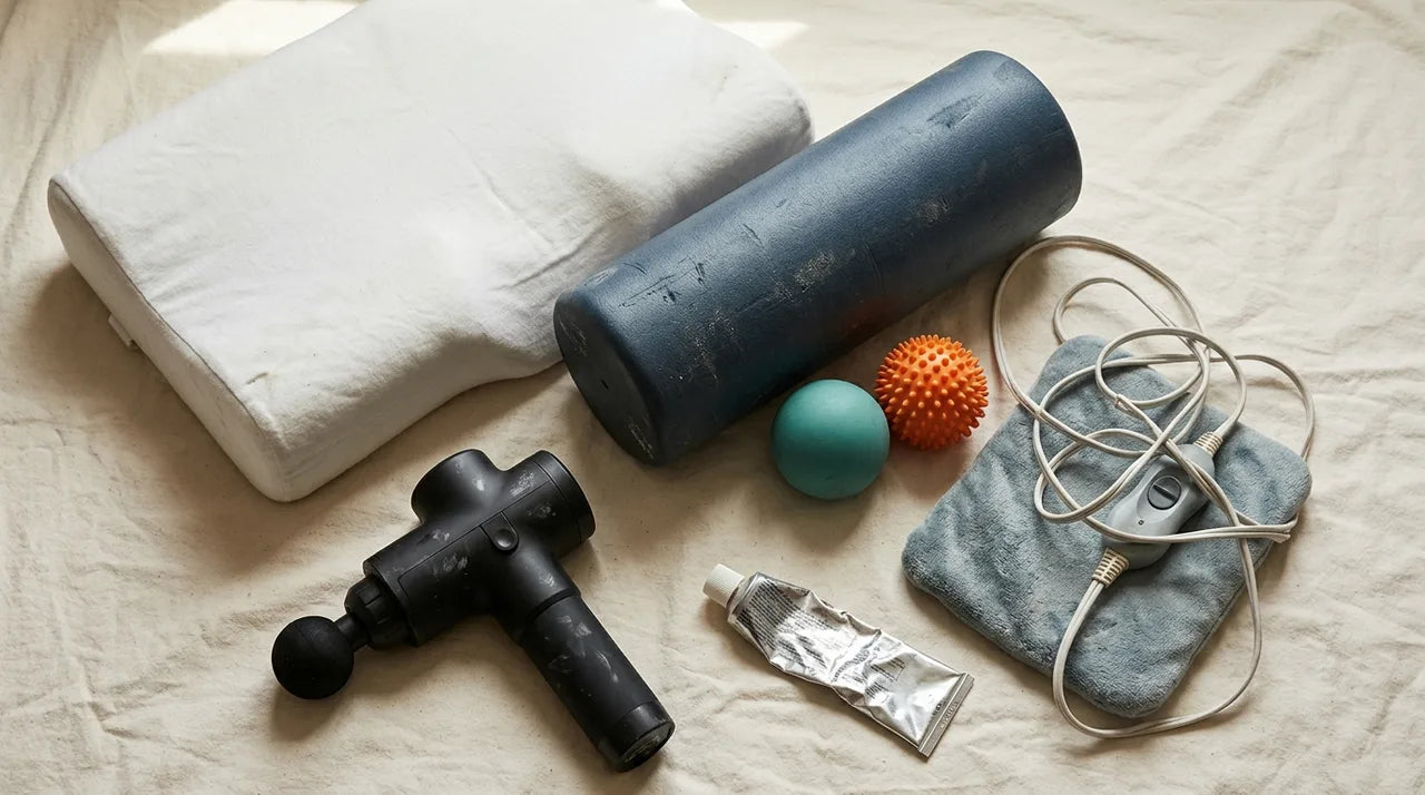 A collection of neck-pain remedies laid out together: a cervical pillow, a foam roller, two massage balls, a massage gun, a tube of muscle cream and a heating pad with a tangled cord