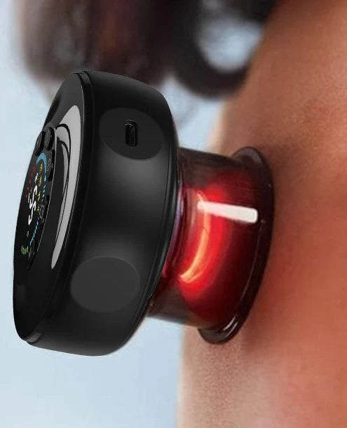 The Soleus Smart Cupping Massager placed on the back of a person's neck, its translucent cup glowing red