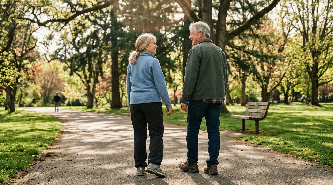 Older couple walking together on a park trail, enjoying a pain-free morning
