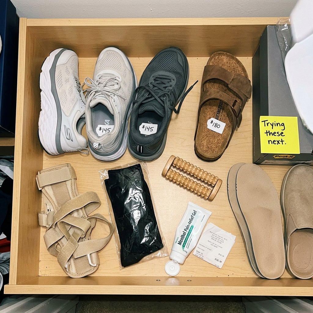 A typical plantar fasciitis closet shelf seen from above with three pairs of cushioned walking shoes, a night splint, compression socks in plastic, custom orthotic insoles, a wooden foot roller, and a yellow Post-It note
