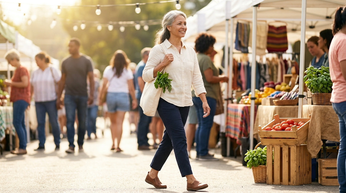 A mature woman walking comfortably through a sunlit farmers market with a canvas tote of fresh produce