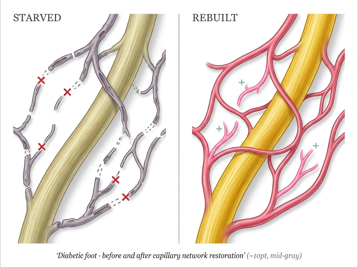 Split illustration showing diabetic foot nerve capillaries before and after restoration: collapsed gray-purple vessels (left, marked with red X) vs rebuilt vibrant pink network (right, marked with green growth symbols)