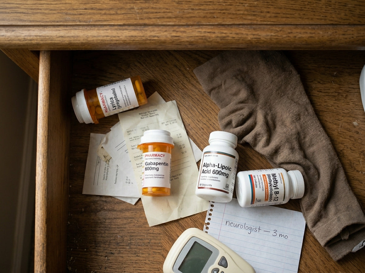 Overhead photograph of an open drawer containing the typical diabetic foot pain treatment stack: Gabapentin 600mg, Lyrica pregabalin, Alpha-Lipoic Acid 600mg, Methyl B-12, compression sock, pharmacy receipt, REVITIVE controller, and a handwritten note reading neurologist – 3 mo