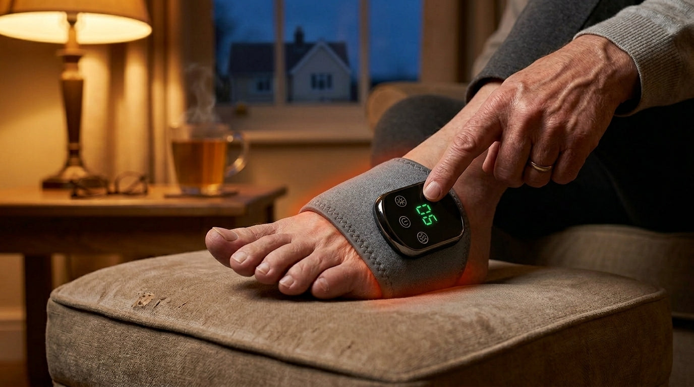 Close-up of SOLEUS device on foot with hand pressing controls, warm evening lighting