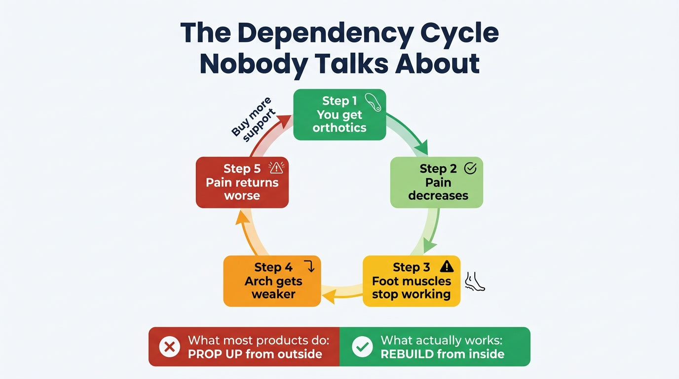 The dependency cycle nobody talks about -- orthotics lead to weaker muscles which lead to more pain which leads to more support