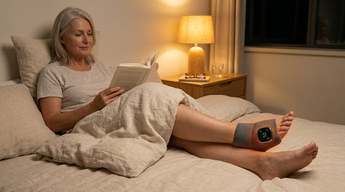 Woman using SOLEUS Foot Therapy System in bed before sleep